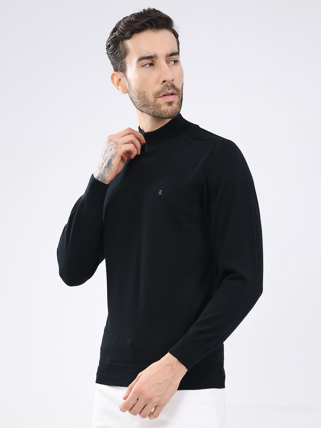 Luxuria Men Black Solid High Neck Full Sleeve Pullover