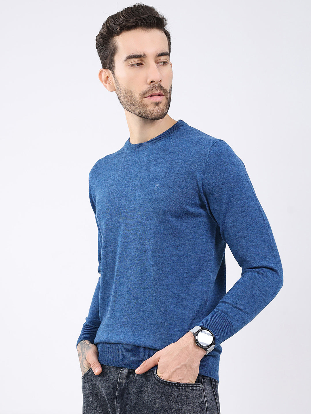 Luxuria Men Blue Solid Round Neck Full Sleeve Pullover