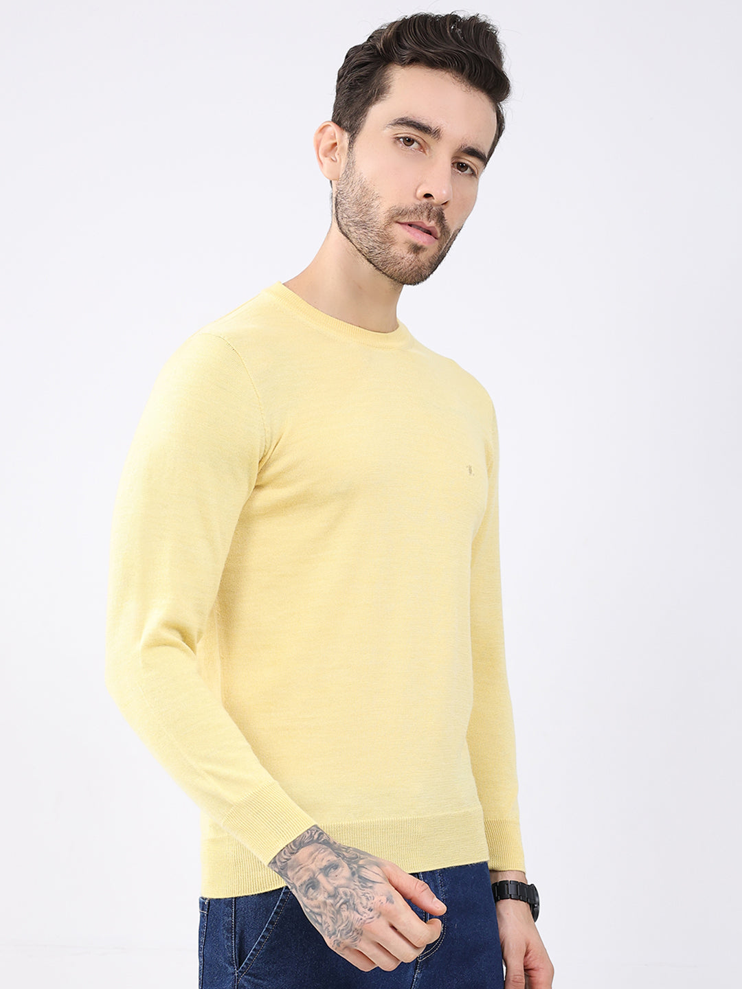 Luxuria Men Yellow Solid Round Neck Full Sleeve Pullover