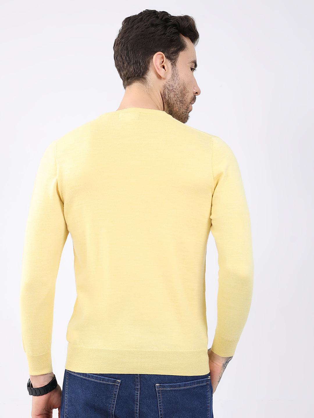 Luxuria Men Yellow Solid Round Neck Full Sleeve Pullover
