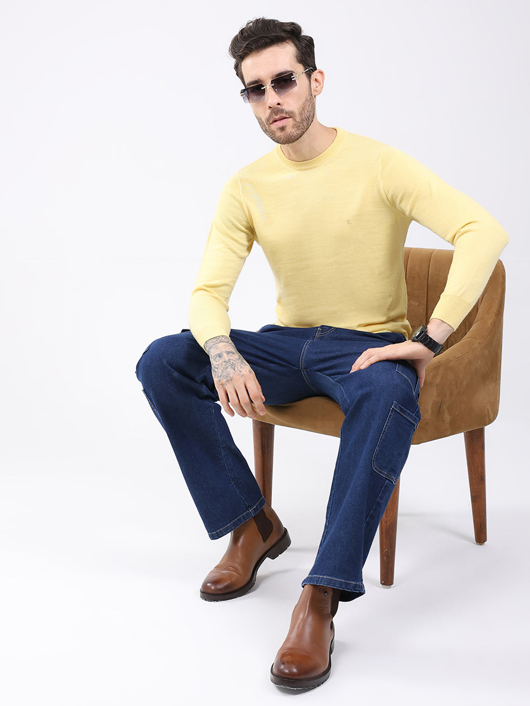 Luxuria Men Yellow Solid Round Neck Full Sleeve Pullover