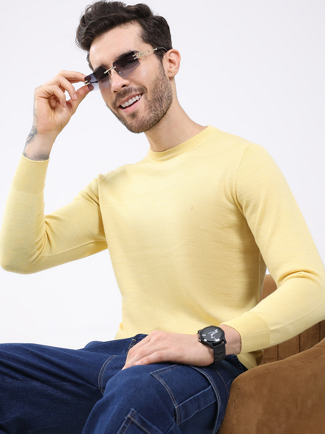 Luxuria Men Yellow Solid Round Neck Full Sleeve Pullover