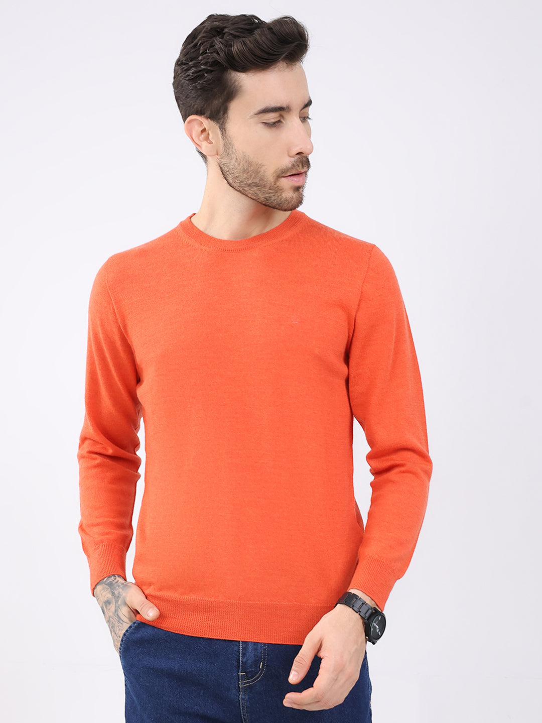 Luxuria Men Orange Solid Round Neck Full Sleeve Pullover