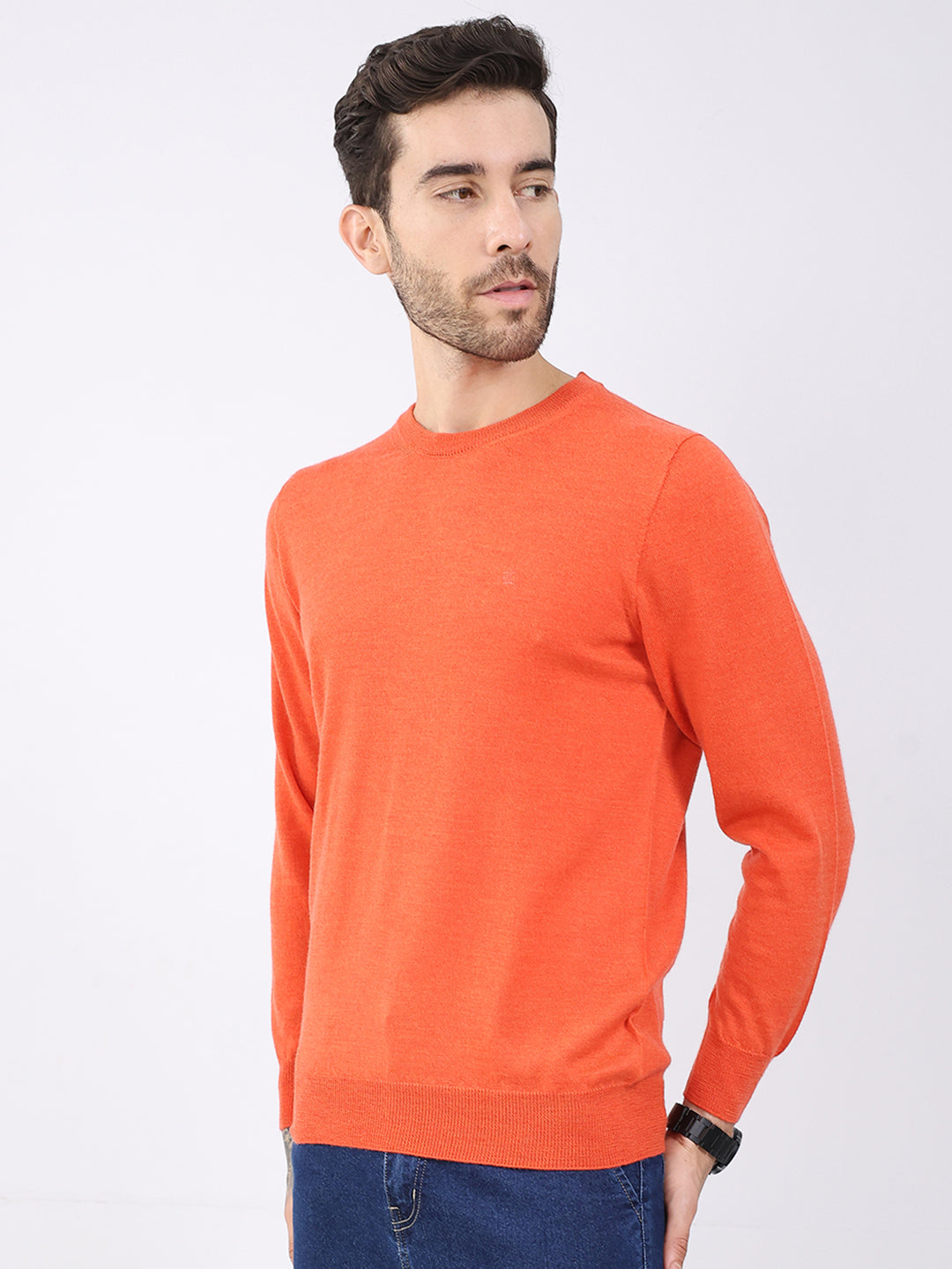 Luxuria Men Orange Solid Round Neck Full Sleeve Pullover