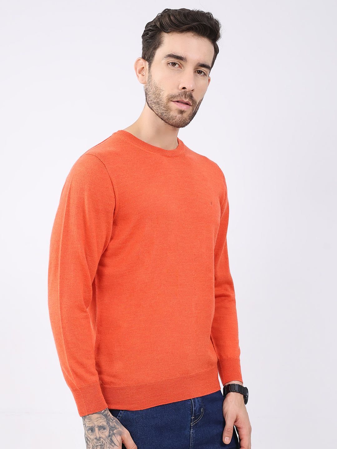 Luxuria Men Orange Solid Round Neck Full Sleeve Pullover