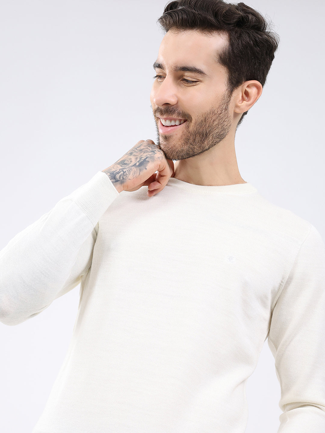 Luxuria Men White Solid Round Neck Full Sleeve Pullover