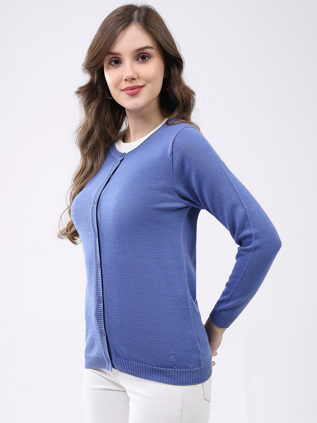 Luxuria Women Blue Solid Round Neck Full Sleeve Cardigan