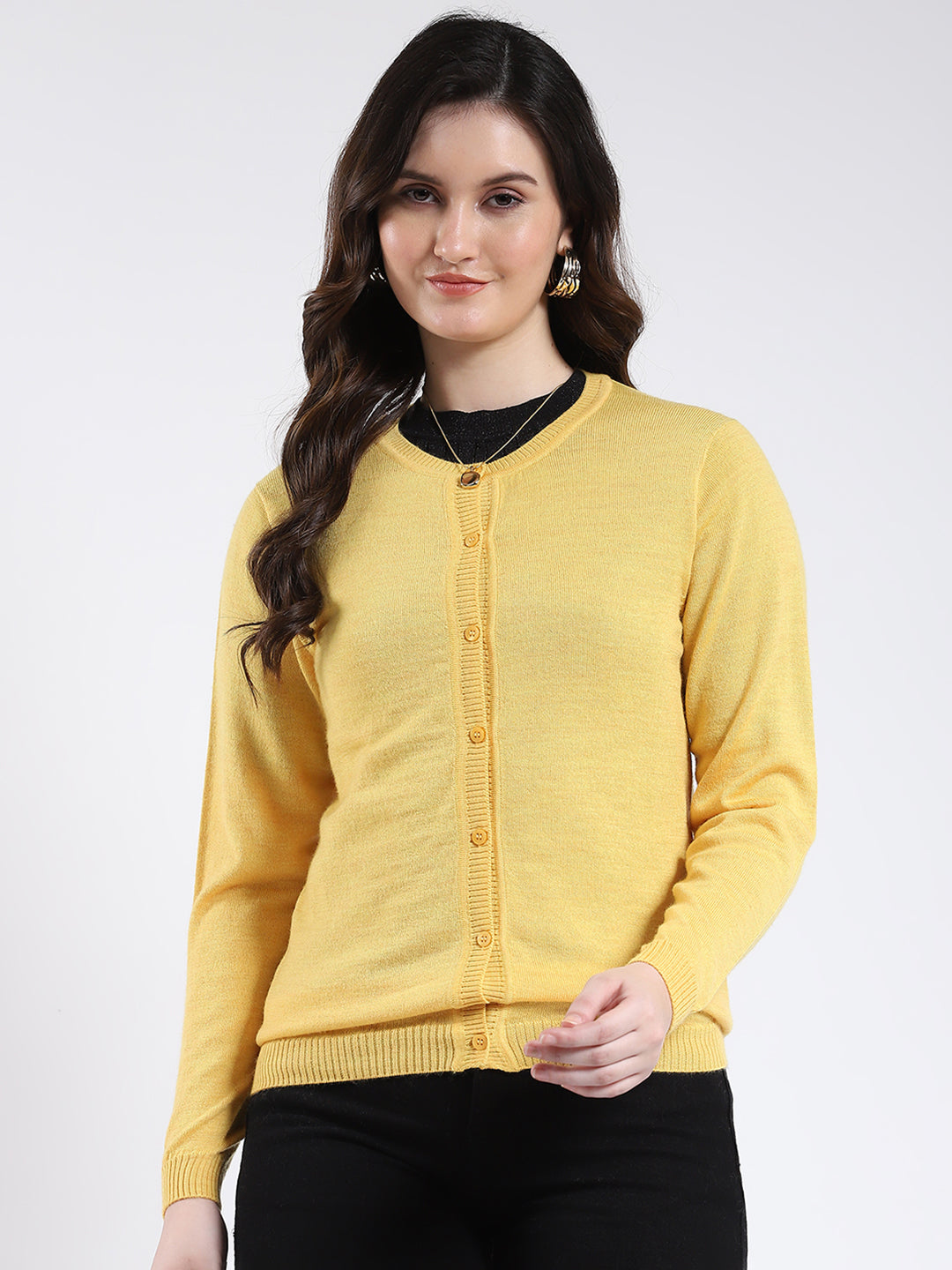 Luxuria Women Yellow Solid Round Neck Full Sleeve Cardigan