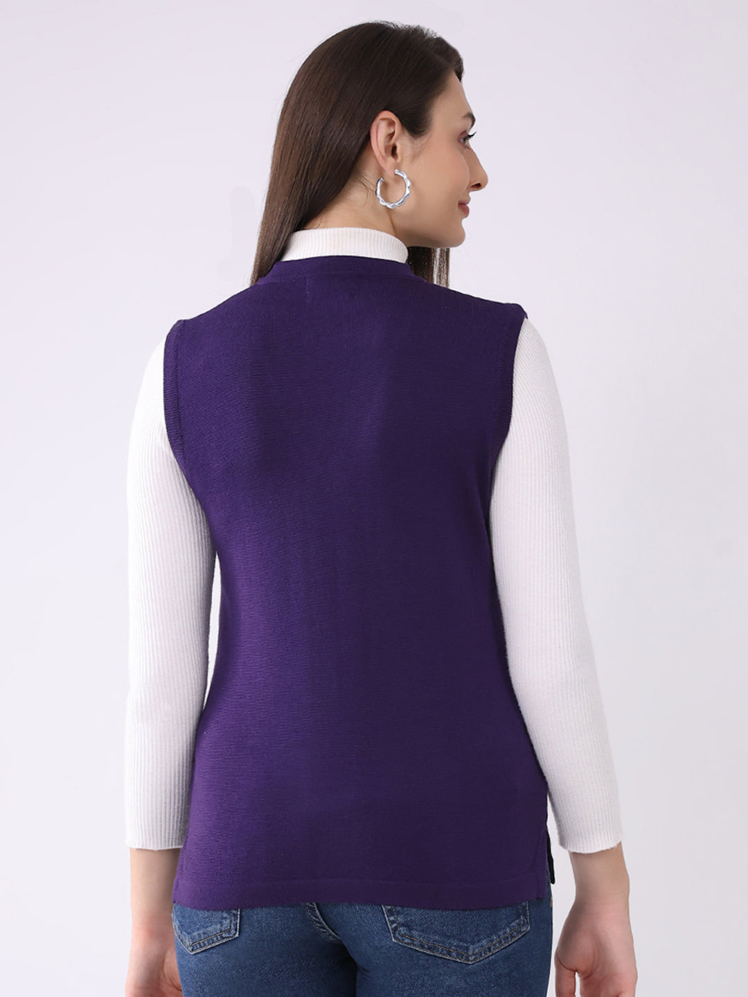 Luxuria Women Purple Solid V Neck Sleeveless Cardigan