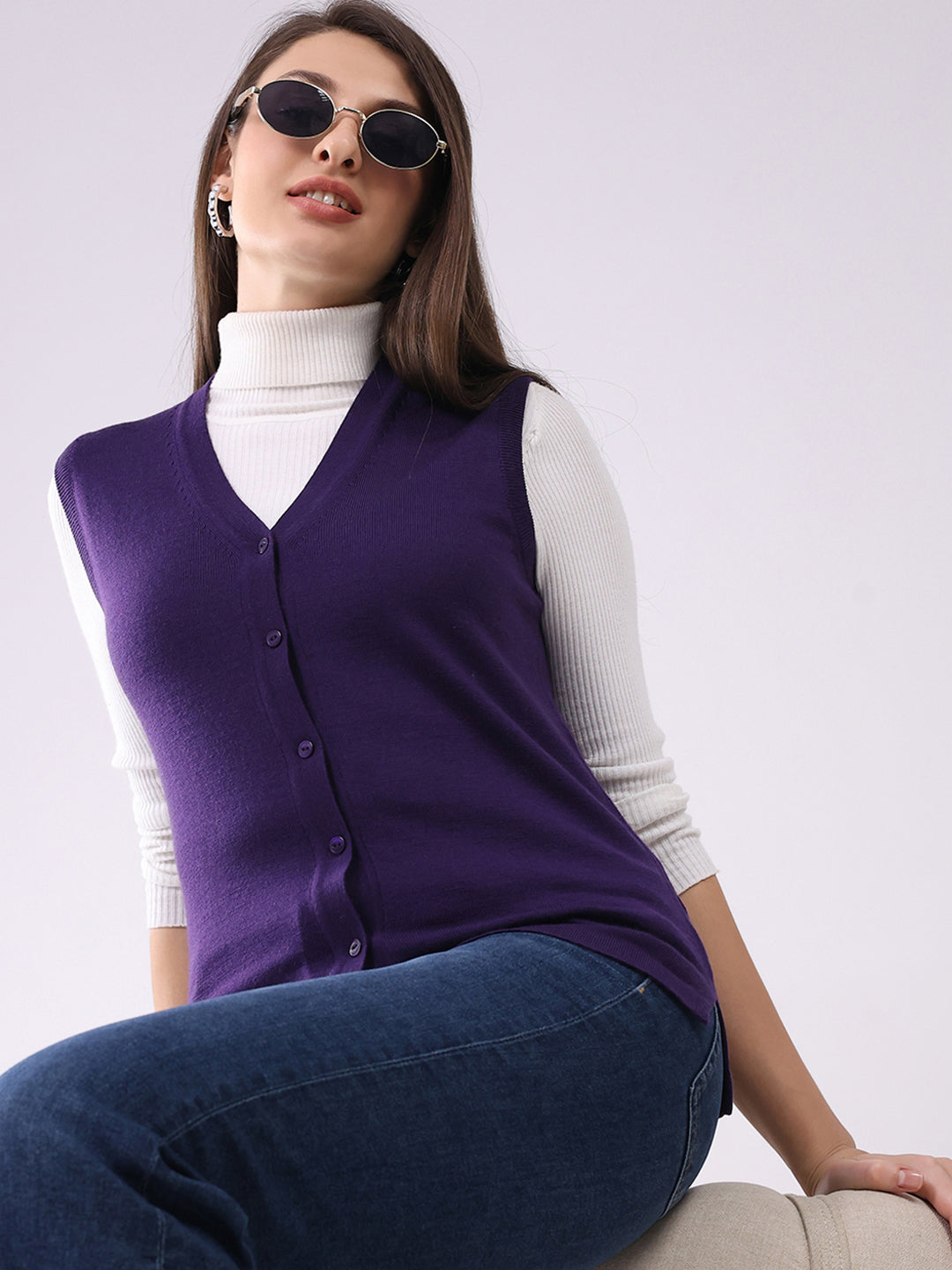 Luxuria Women Purple Solid V Neck Sleeveless Cardigan