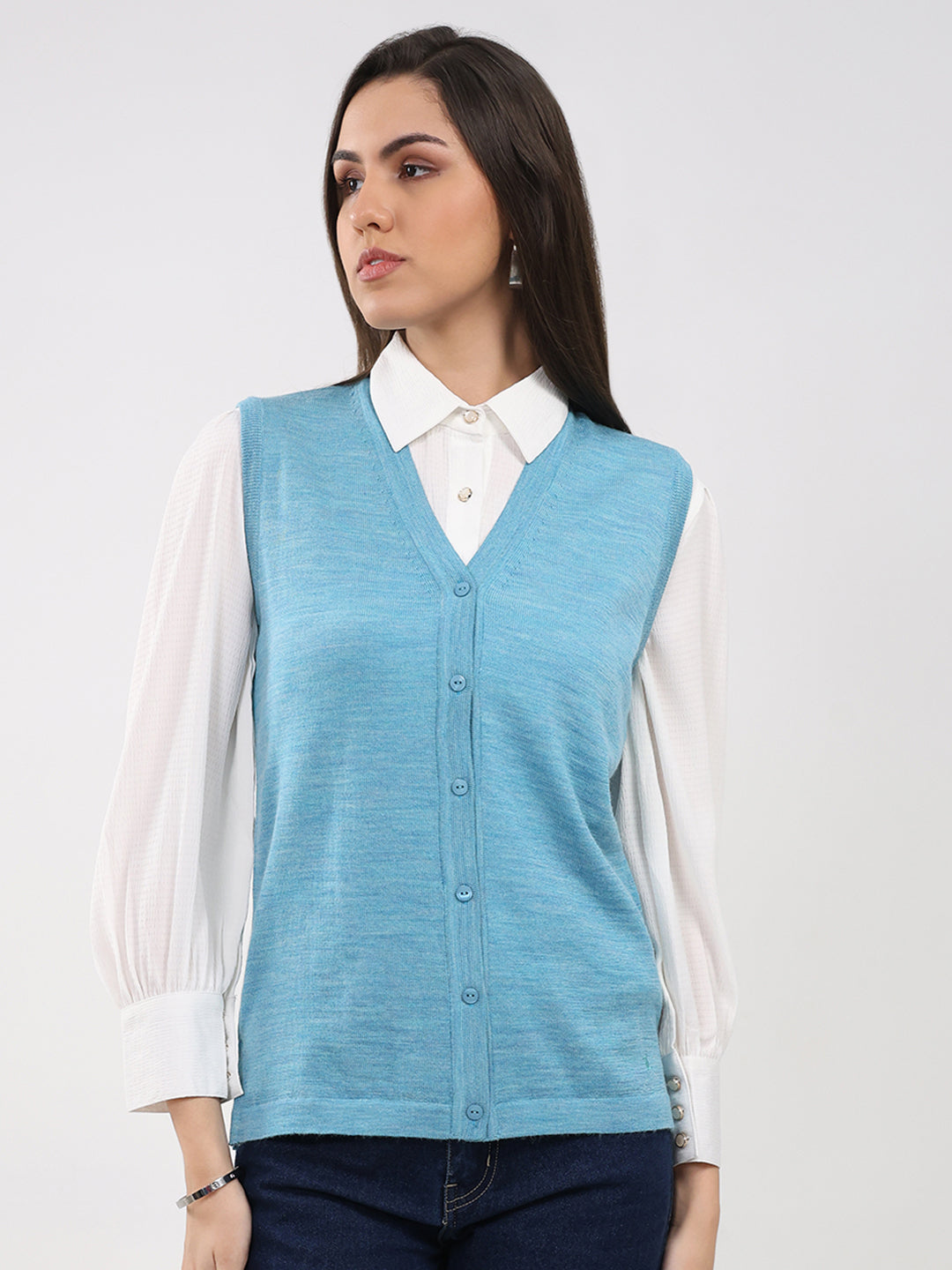 Luxuria Women Turquoise Blue Solid V Neck Sleeveless Cardigan