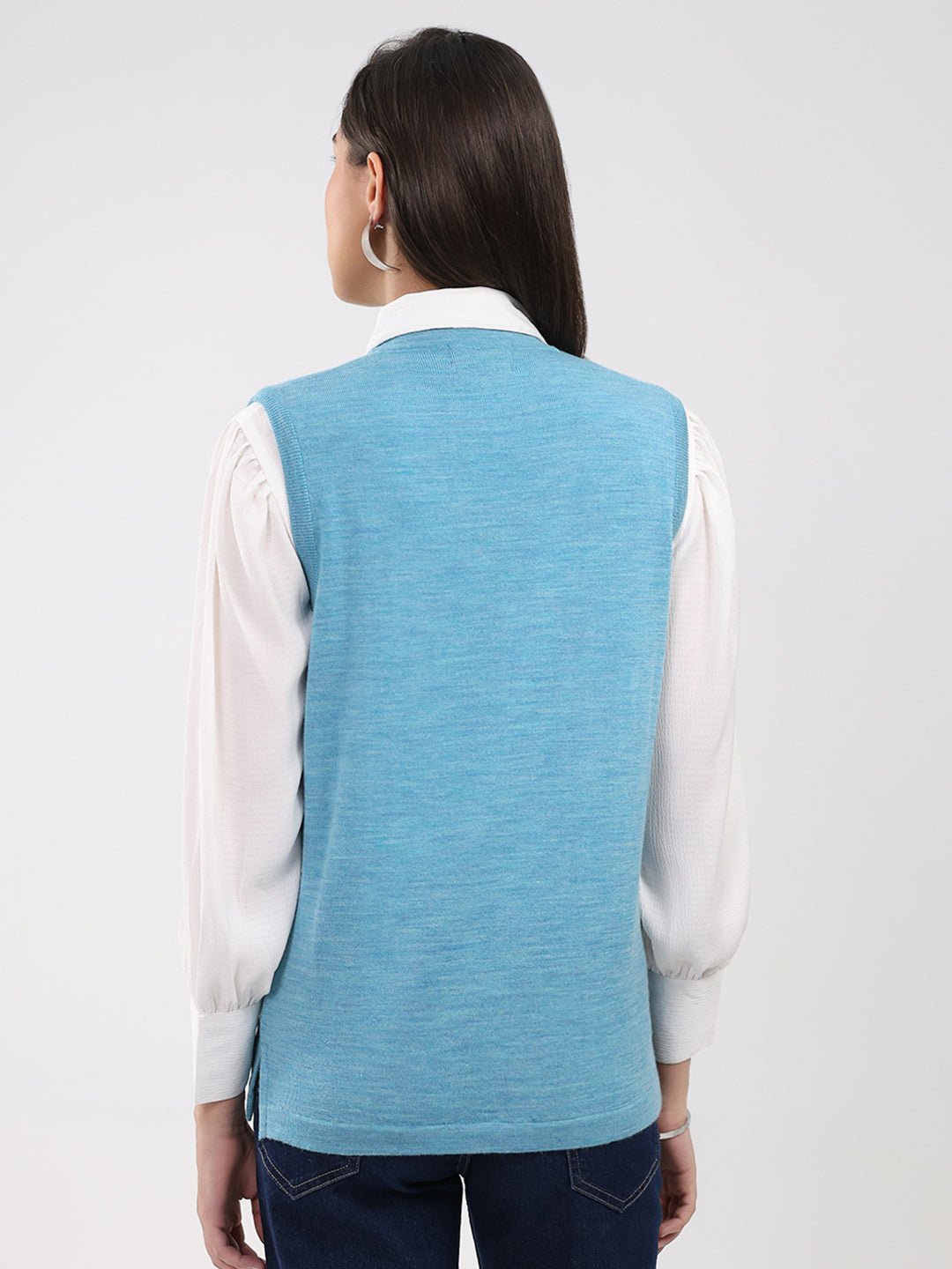 Luxuria Women Turquoise Blue Solid V Neck Sleeveless Cardigan