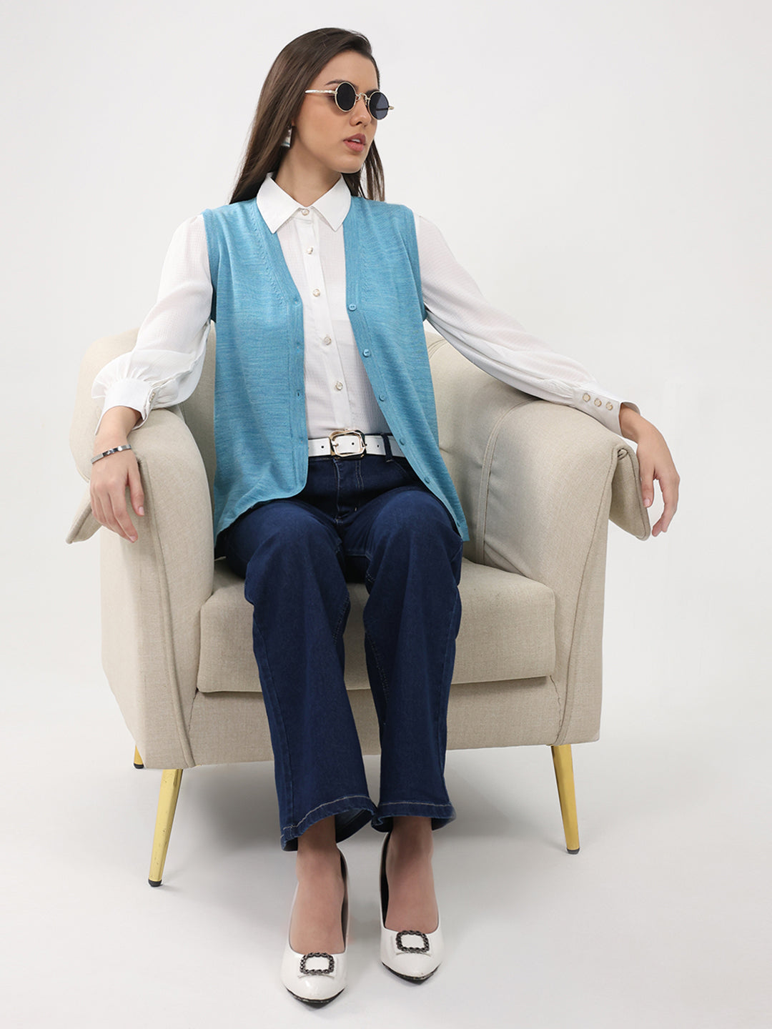 Luxuria Women Turquoise Blue Solid V Neck Sleeveless Cardigan