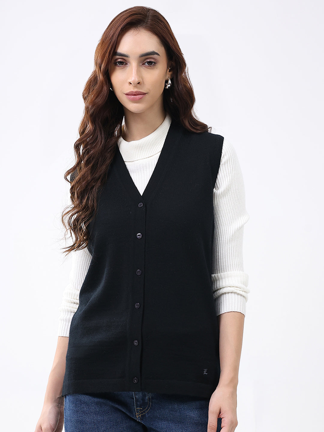 Luxuria Women Black Solid V Neck Sleeveless Cardigan