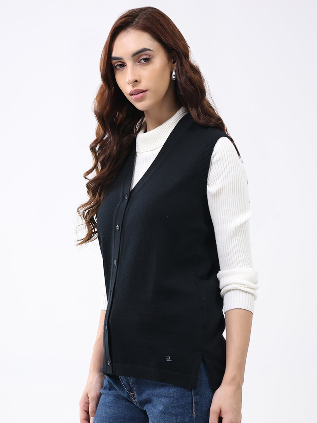Luxuria Women Black Solid V Neck Sleeveless Cardigan