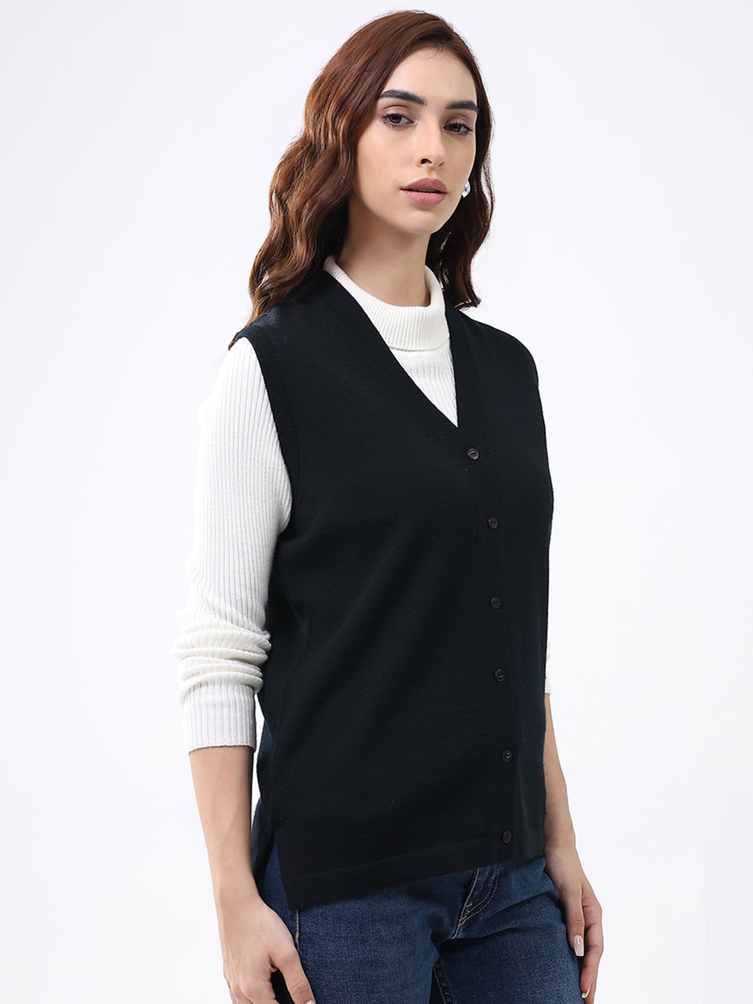 Luxuria Women Black Solid V Neck Sleeveless Cardigan