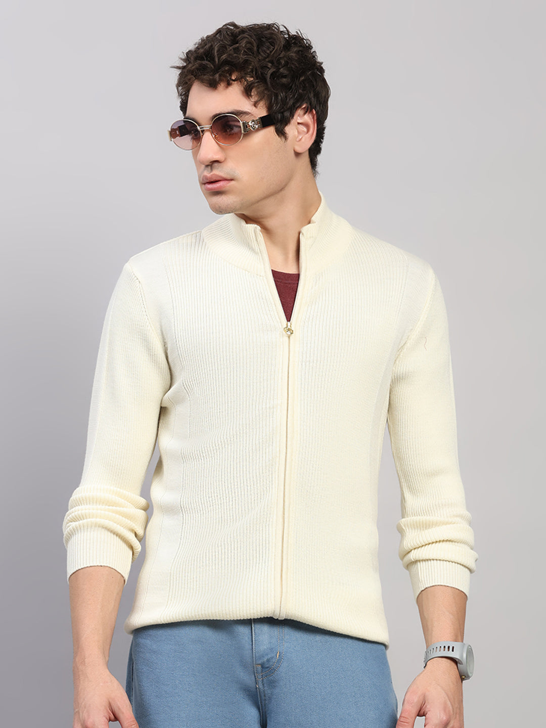 Luxuria Men Cream Self Design Round Neck Full Sleeve Pullover