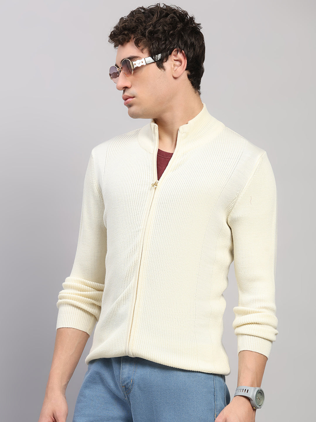 Luxuria Men Cream Self Design Round Neck Full Sleeve Pullover