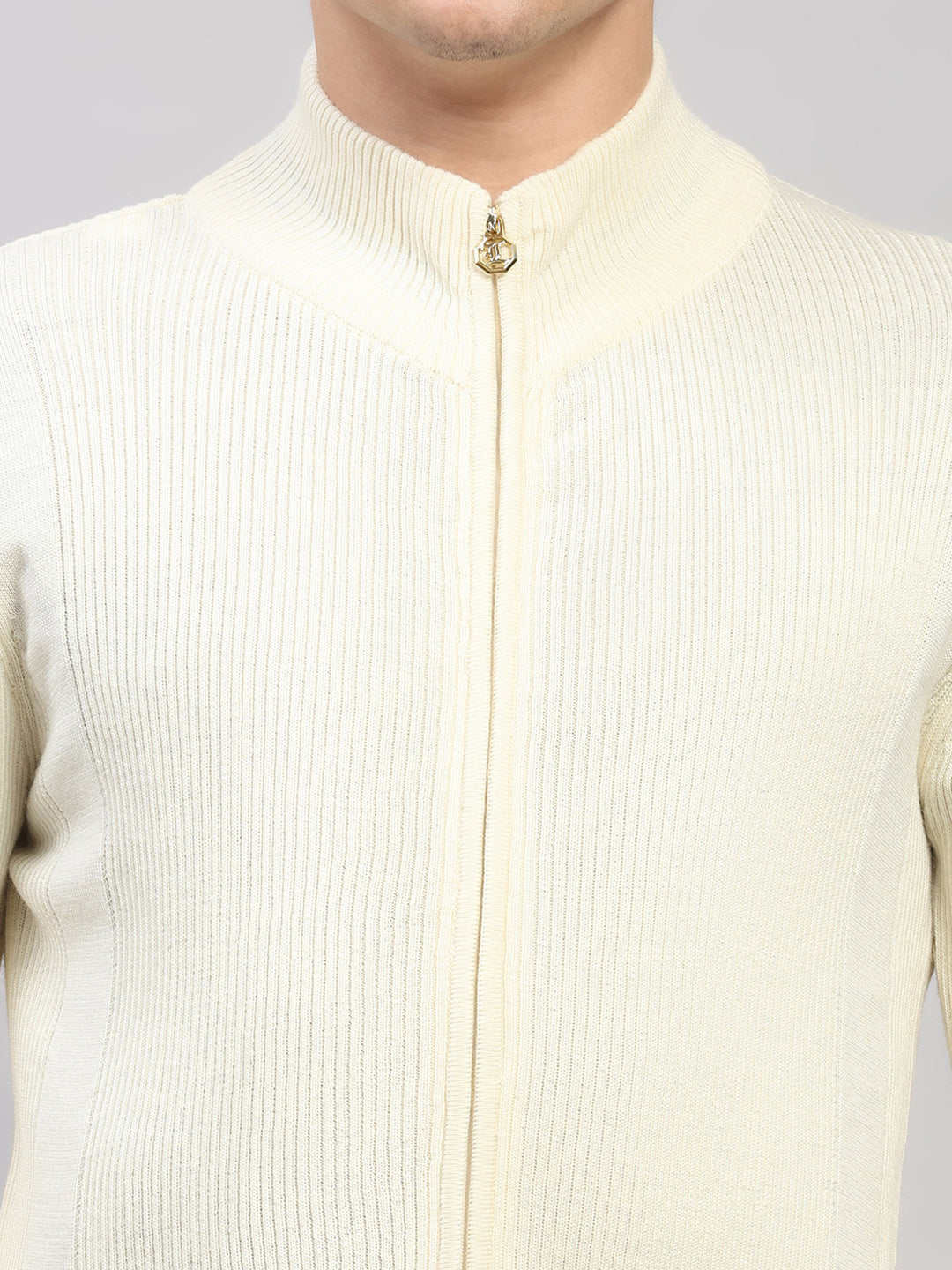 Luxuria Men Cream Self Design Round Neck Full Sleeve Pullover