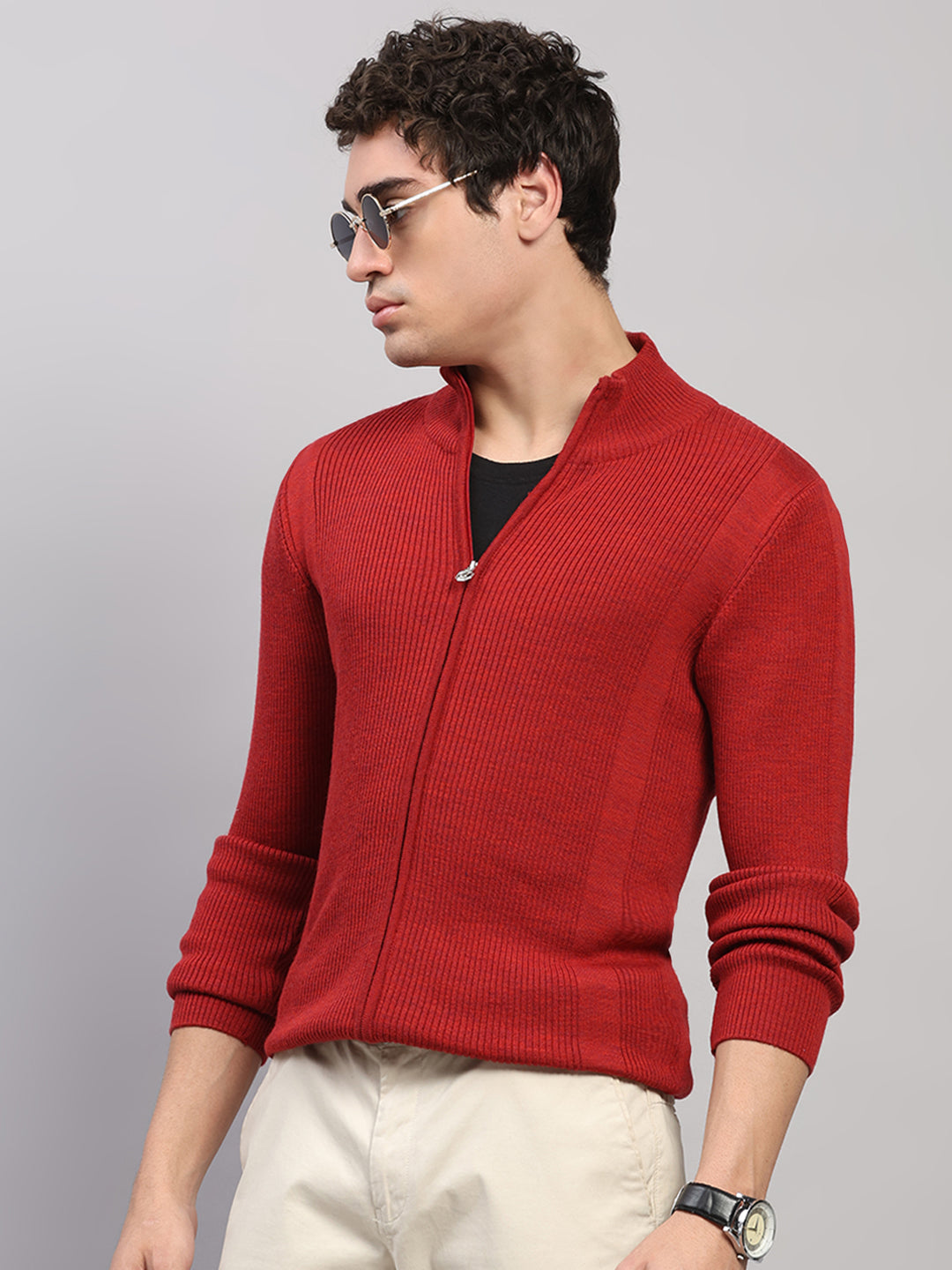 Luxuria Men Maroon Self Design Round Neck Full Sleeve Pullover