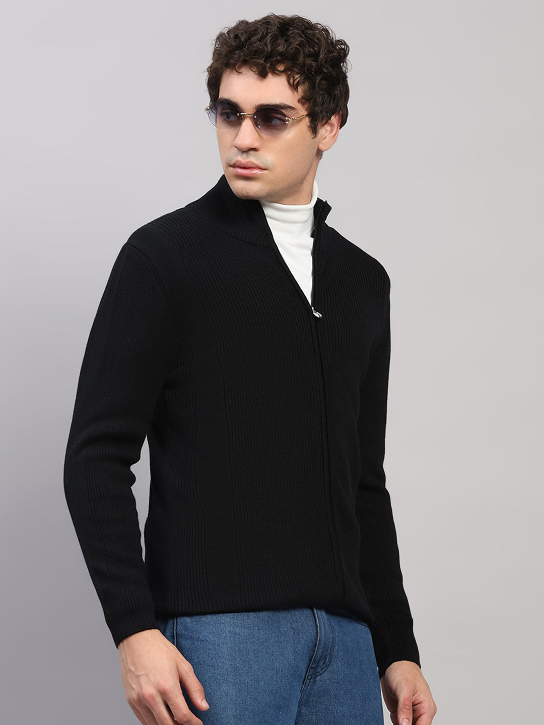 Luxuria Men Black Self Design Round Neck Full Sleeve Pullover