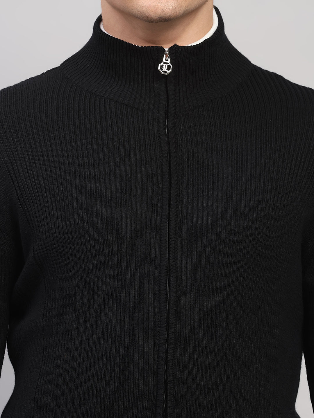 Luxuria Men Black Self Design Round Neck Full Sleeve Pullover