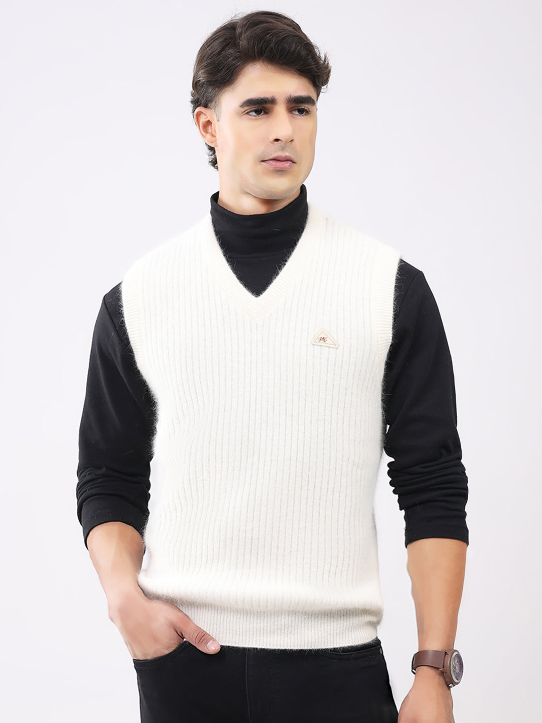 Men White Solid V Neck Sleeveless Sweater