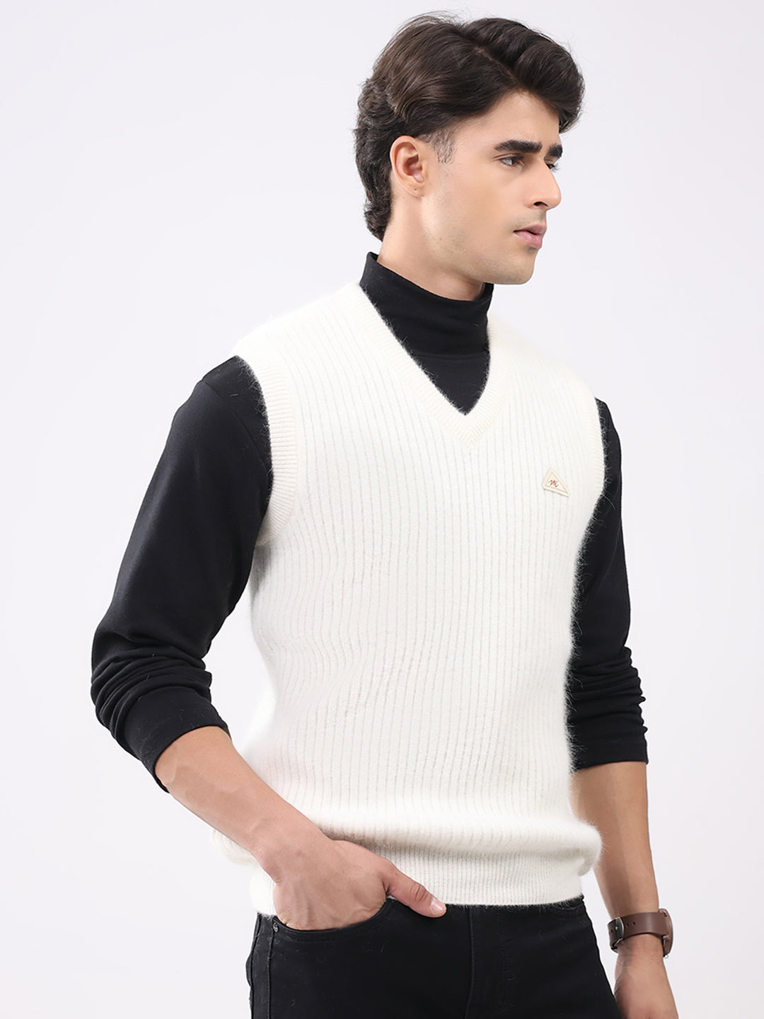 Men White Solid V Neck Sleeveless Sweater