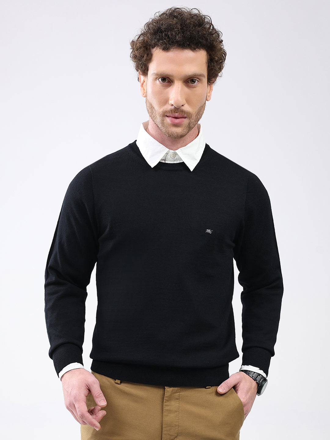Men Black Solid Round Neck Full Sleeve Pullover