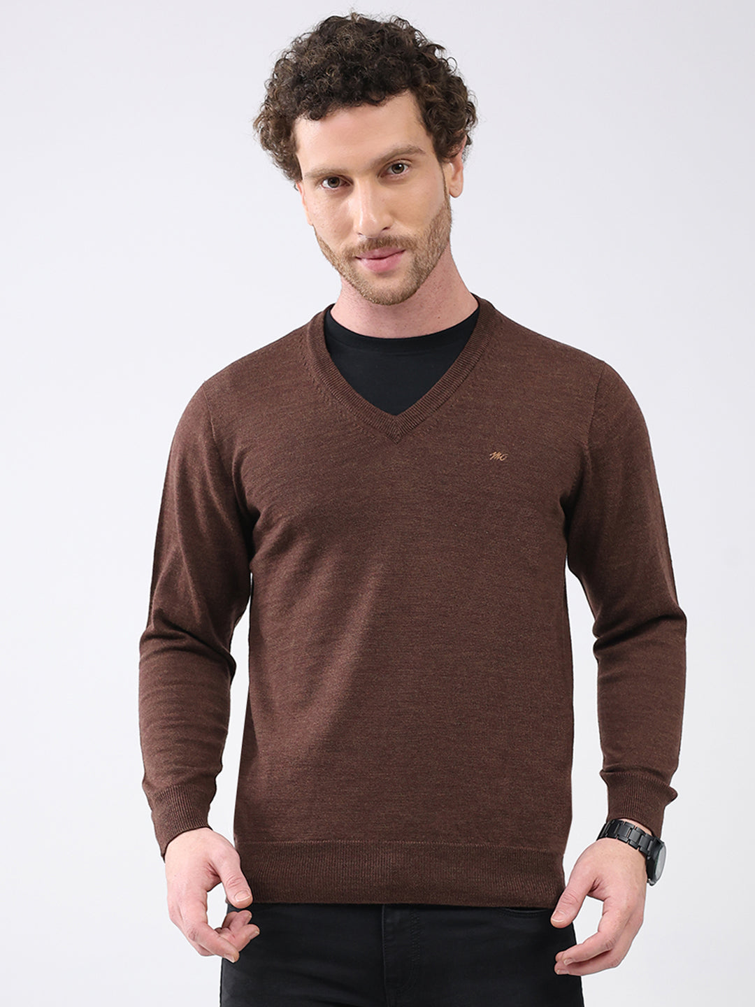 Men Brown Solid V Neck Full Sleeve Pullover