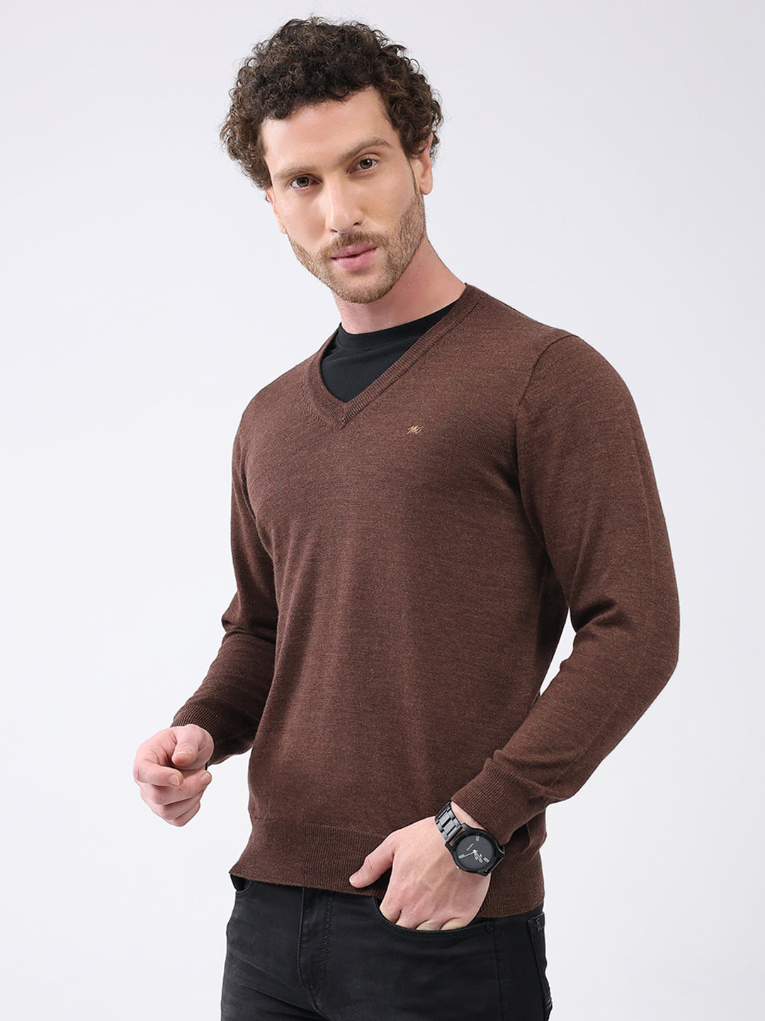 Men Brown Solid V Neck Full Sleeve Pullover