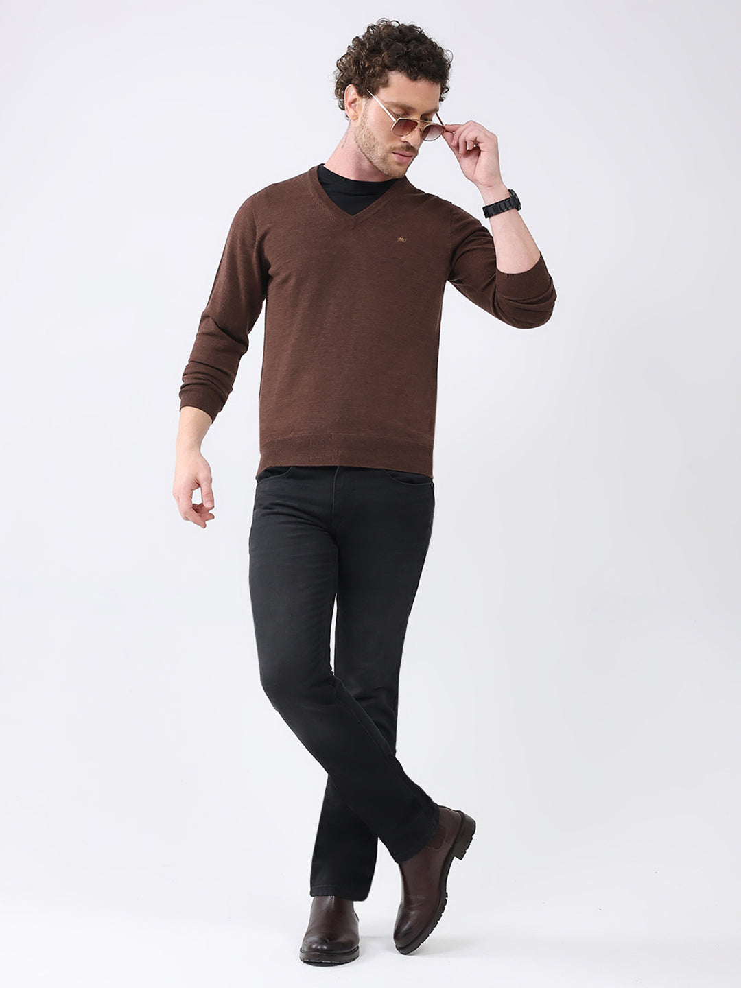 Men Brown Solid V Neck Full Sleeve Pullover