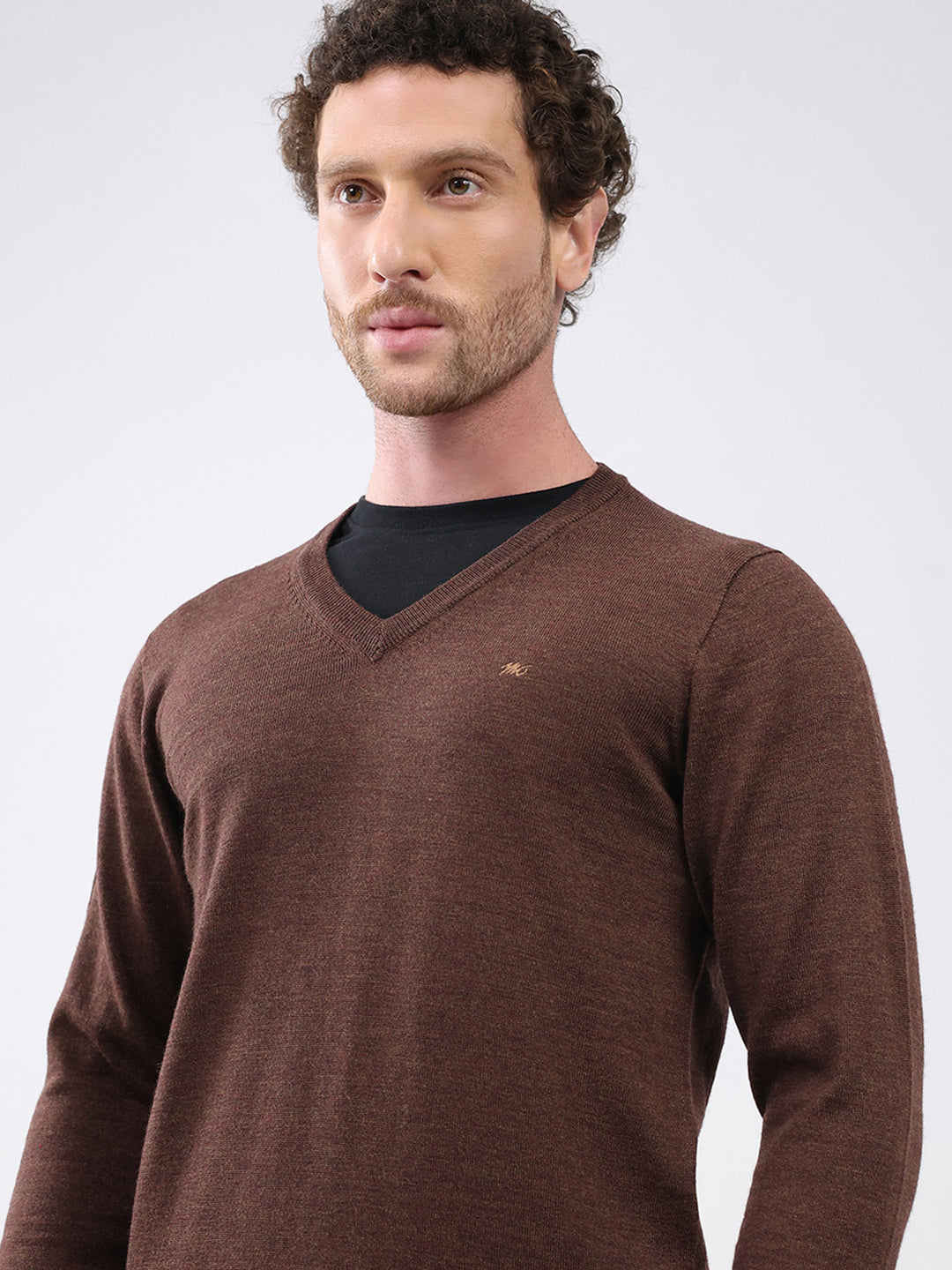 Men Brown Solid V Neck Full Sleeve Pullover