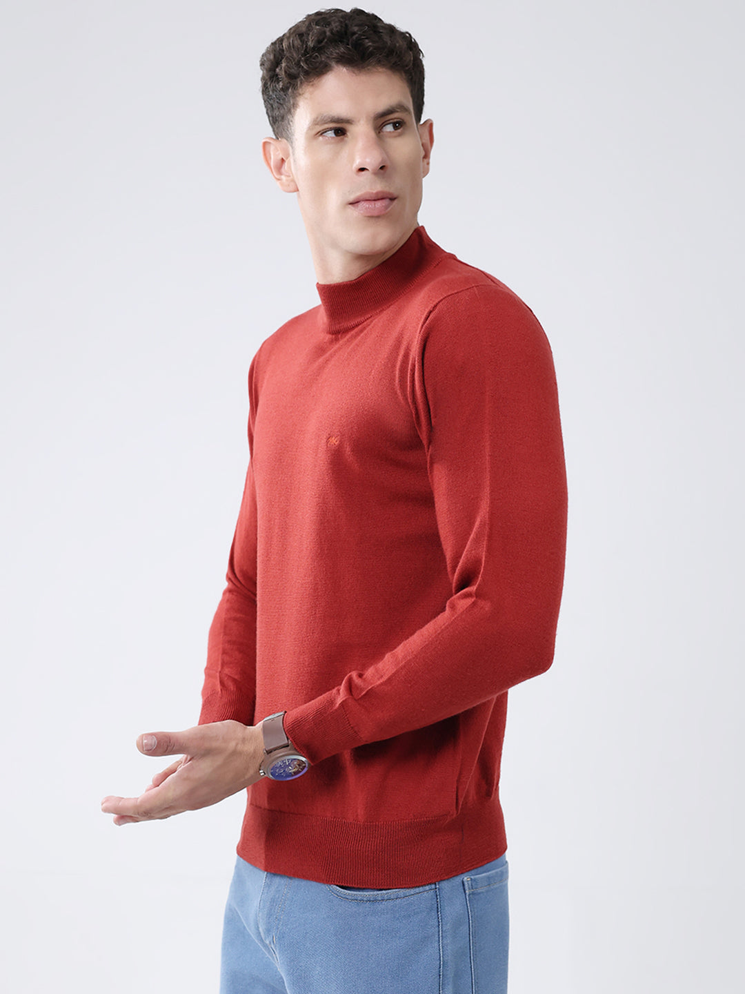 Men Maroon Solid High Neck Full Sleeve Pullover