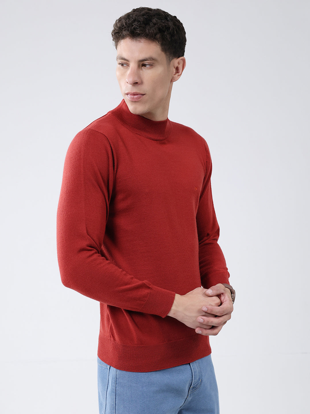 Men Maroon Solid High Neck Full Sleeve Pullover