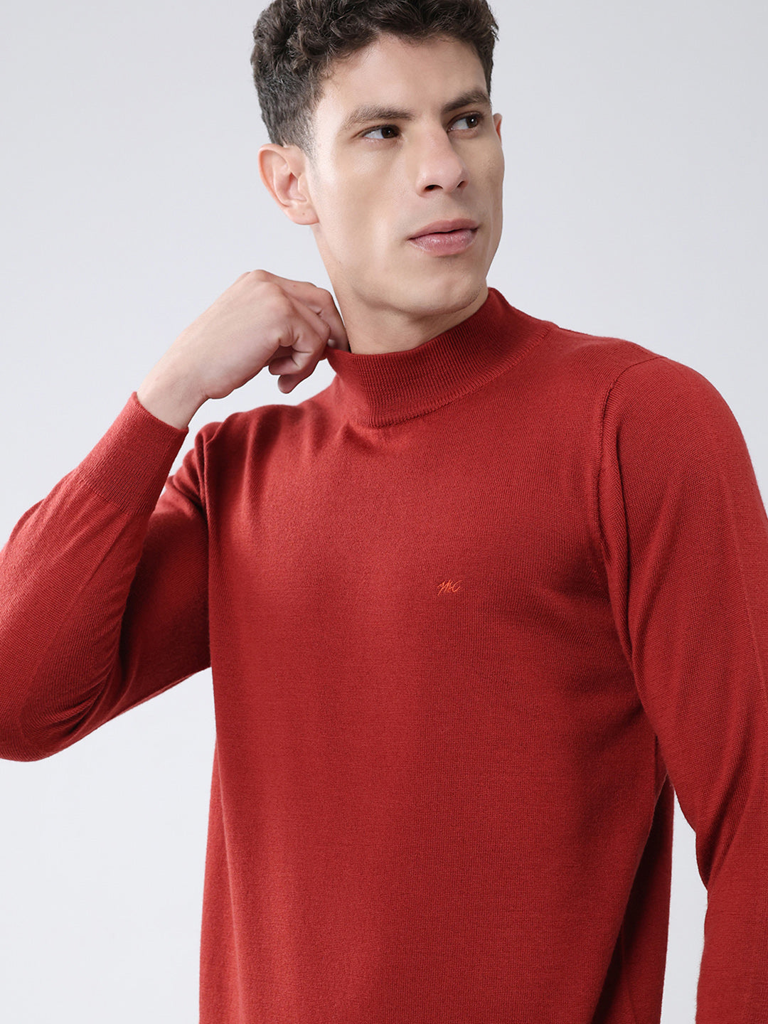 Men Maroon Solid High Neck Full Sleeve Pullover