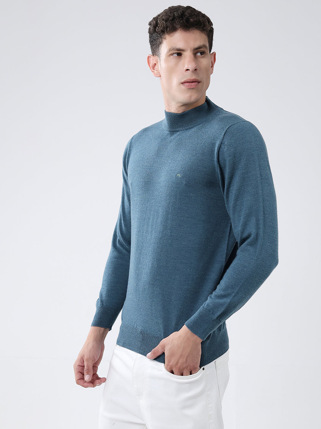 Men Teal Blue Solid High Neck Full Sleeve Pullover