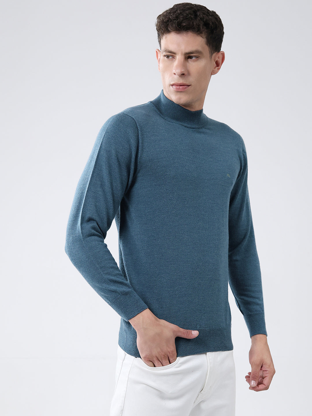 Men Teal Blue Solid High Neck Full Sleeve Pullover