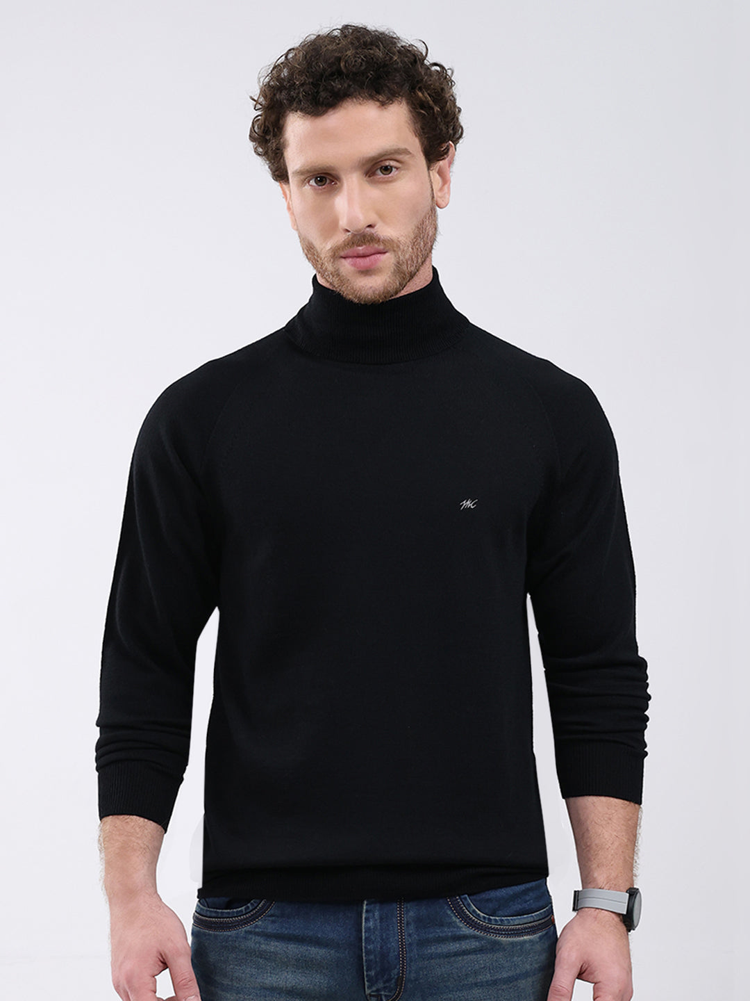 Men Black Solid Turtle Neck Full Sleeve Pullover - Main Image