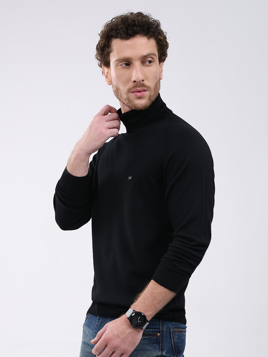 Men Black Solid Turtle Neck Full Sleeve Pullover
