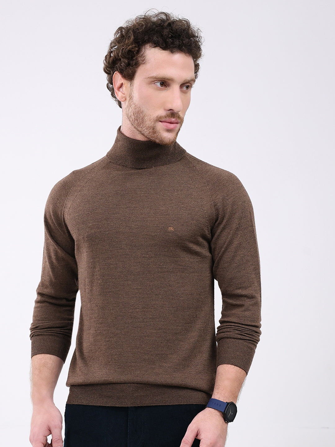 Men Brown Solid Turtle Neck Full Sleeve Pullover