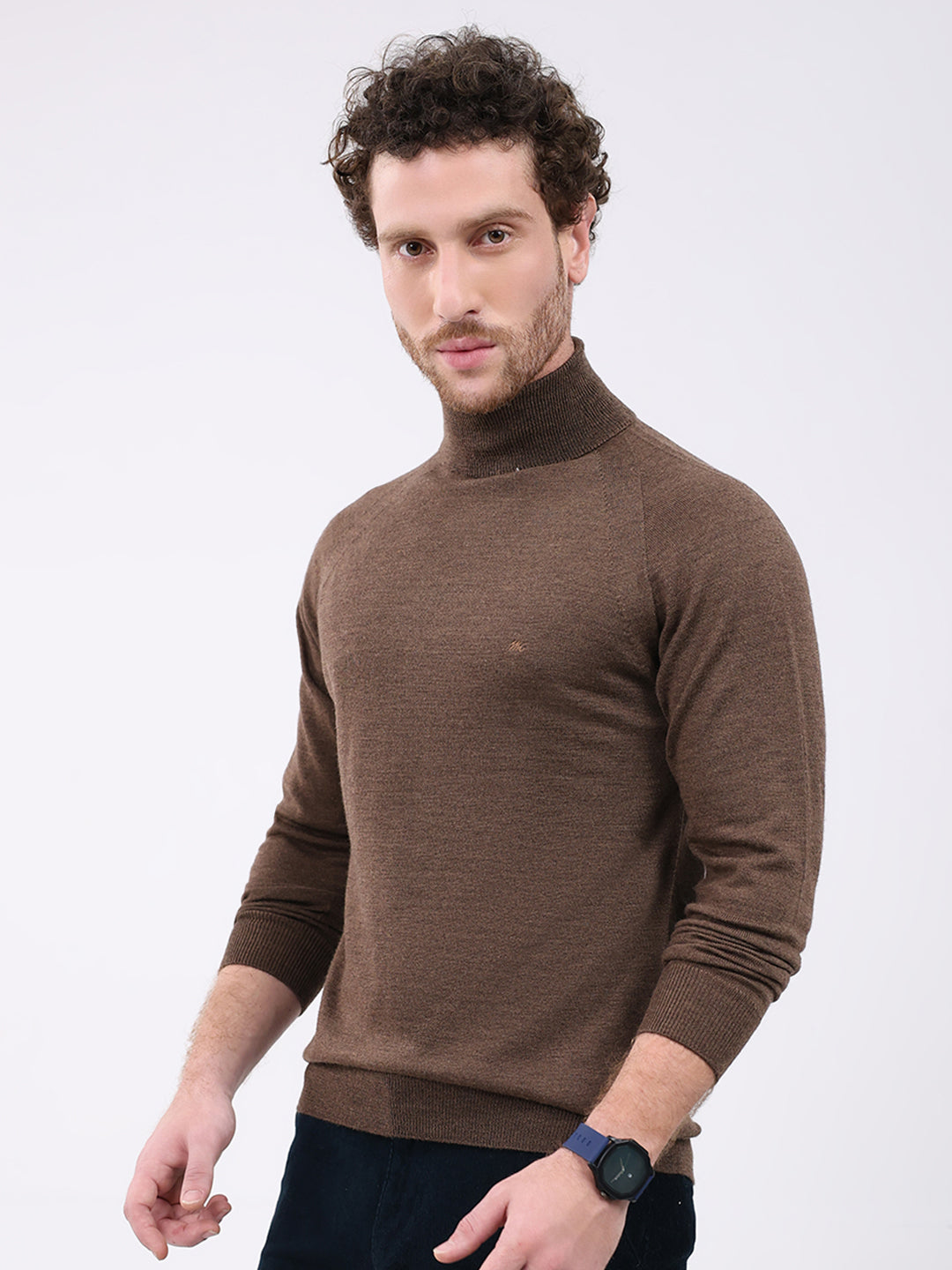 Men Brown Solid Turtle Neck Full Sleeve Pullover