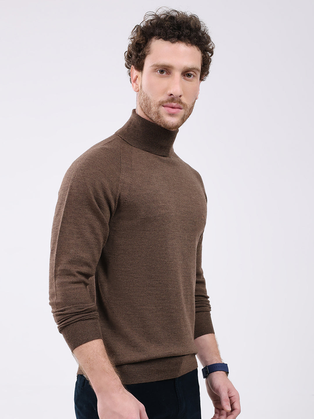 Men Brown Solid Turtle Neck Full Sleeve Pullover