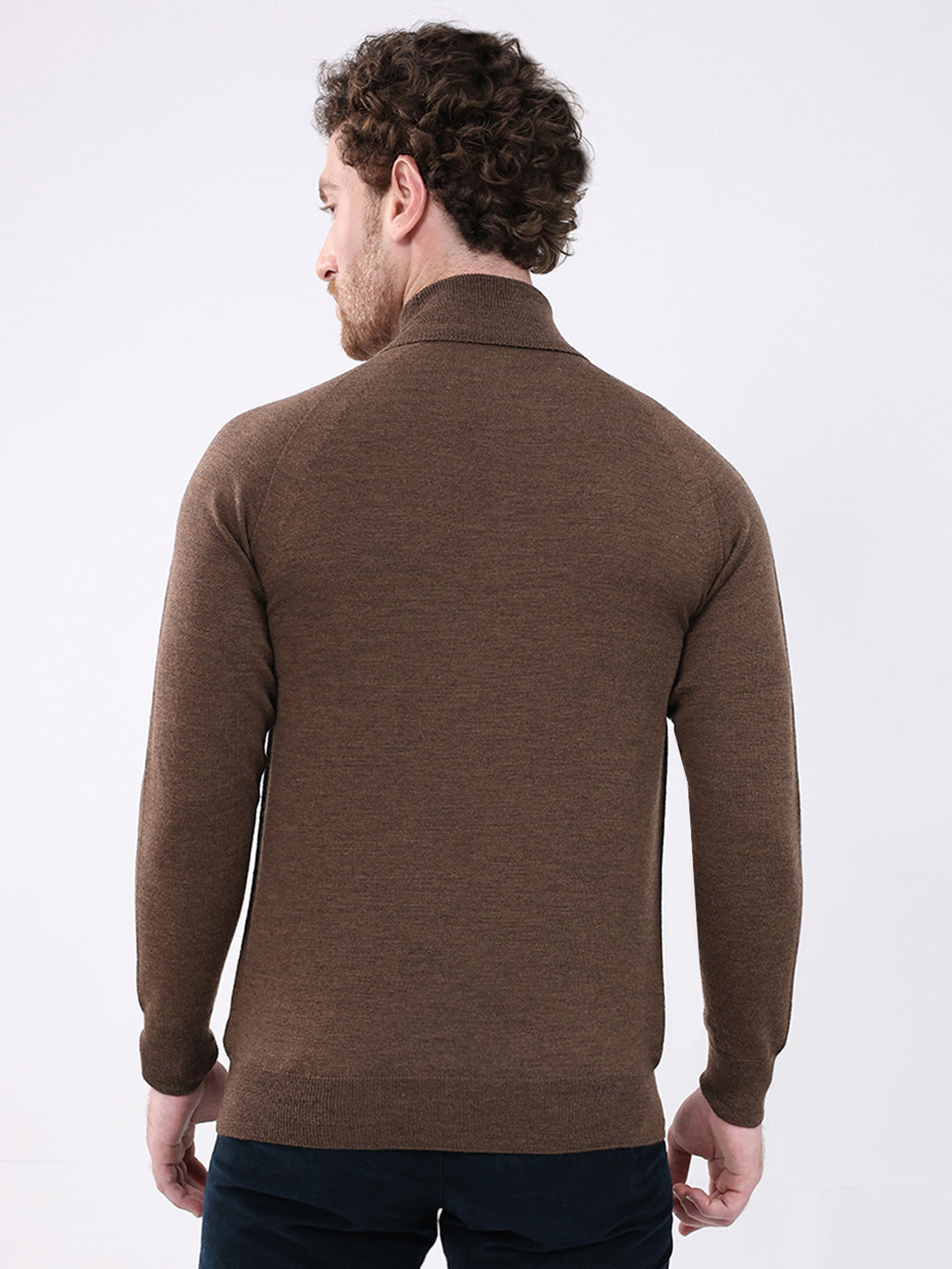 Men Brown Solid Turtle Neck Full Sleeve Pullover