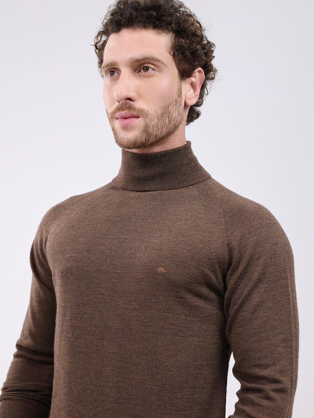 Men Brown Solid Turtle Neck Full Sleeve Pullover
