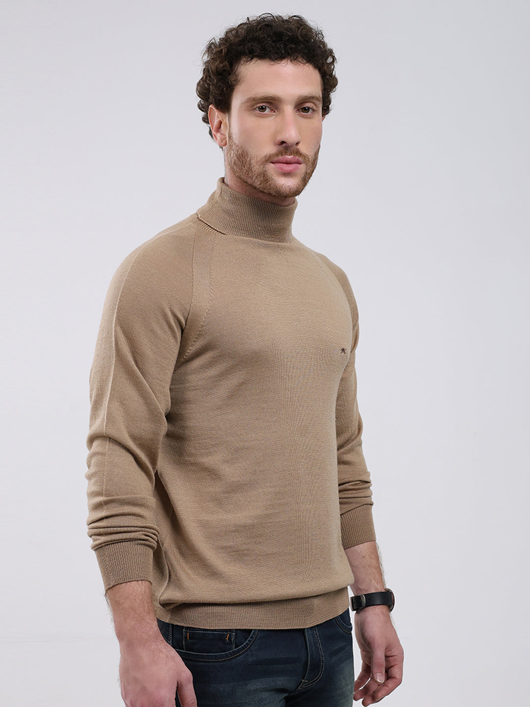 Men Khaki Solid Turtle Neck Full Sleeve Pullover