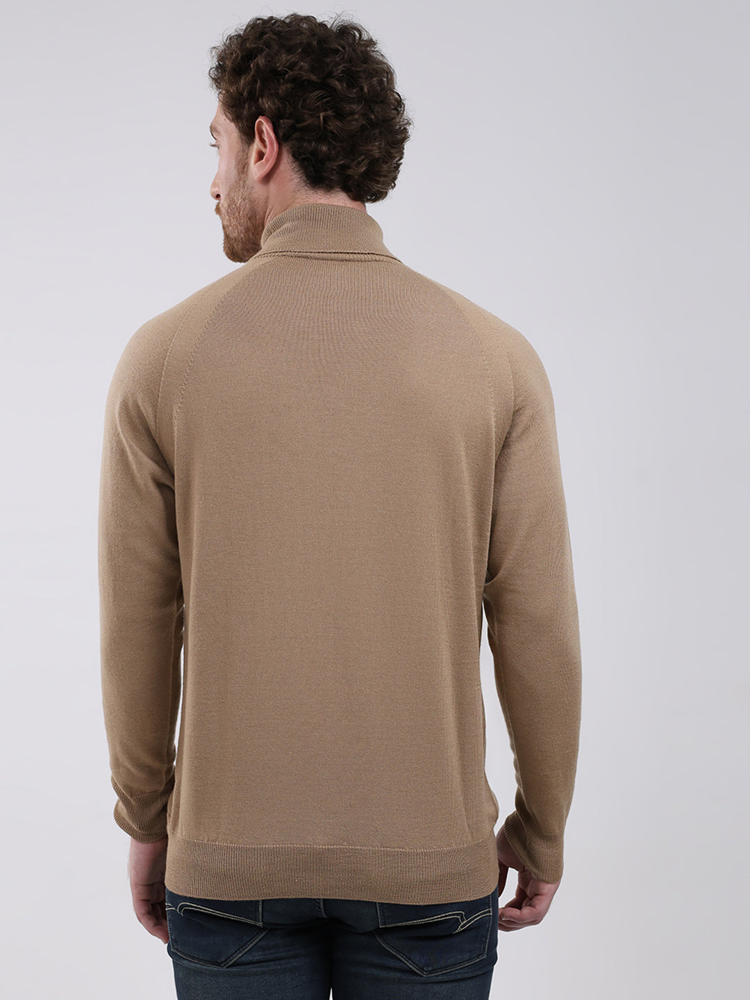 Men Khaki Solid Turtle Neck Full Sleeve Pullover