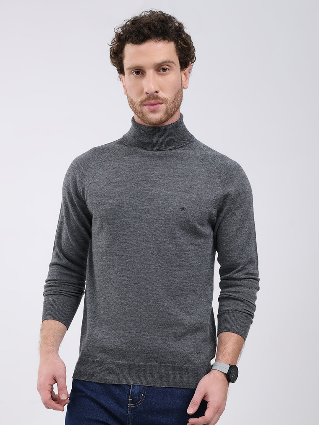 Men Grey Solid Turtle Neck Full Sleeve Pullover