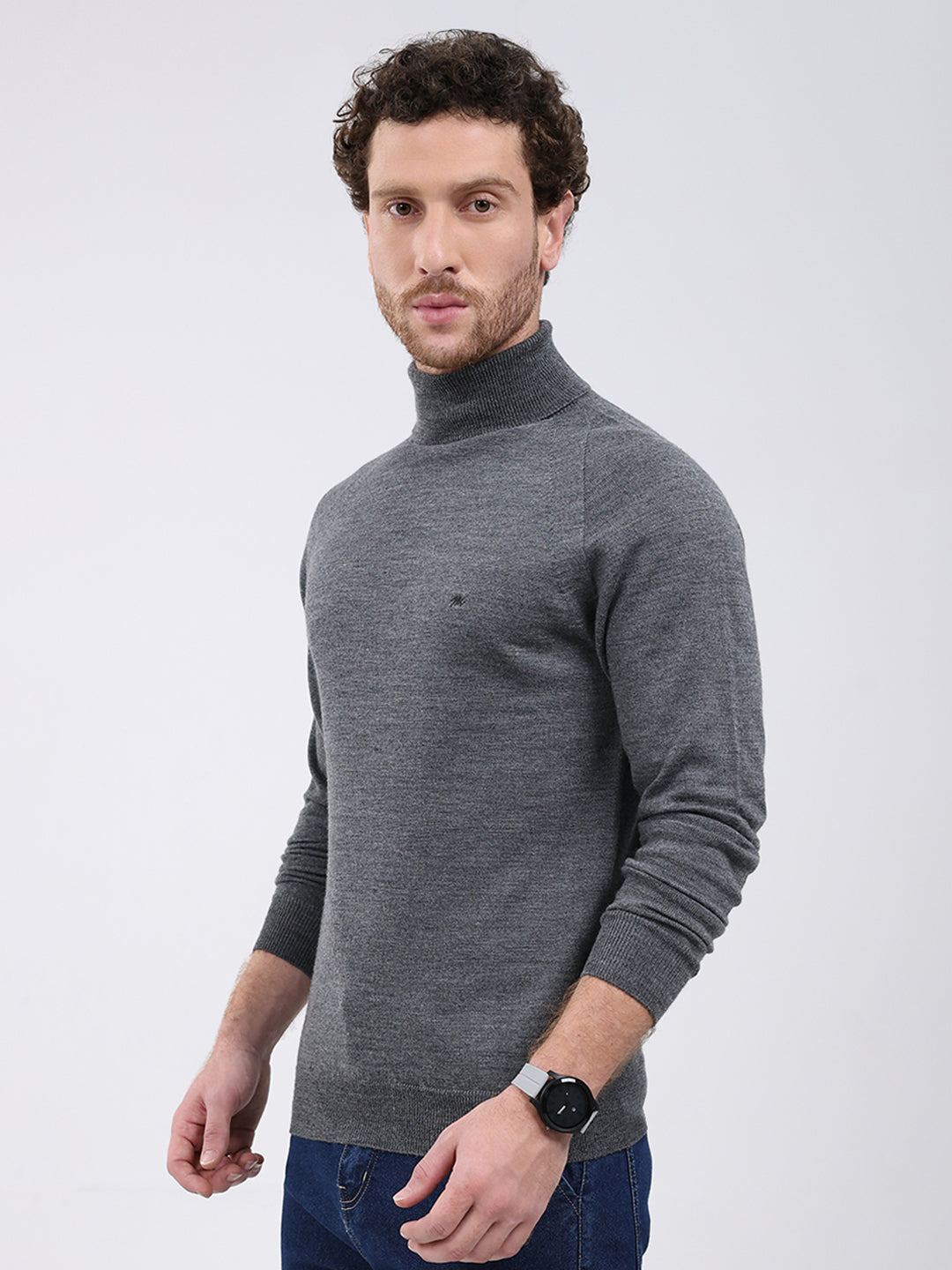 Men Grey Solid Turtle Neck Full Sleeve Pullover