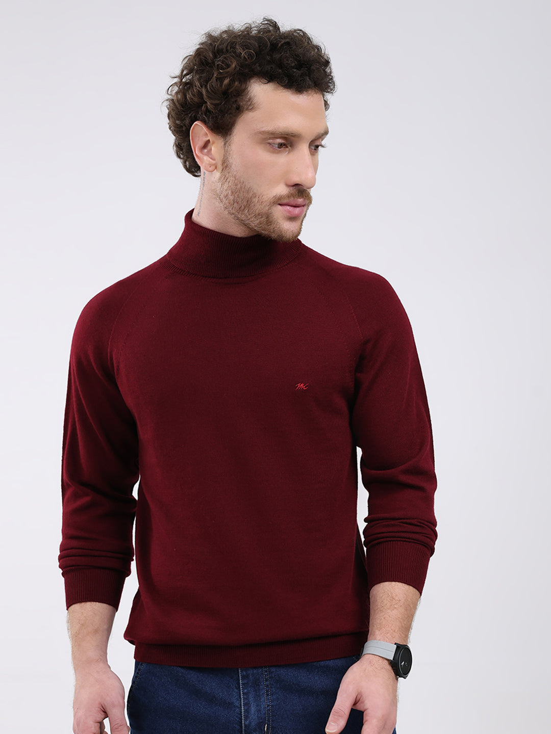 Men Maroon Solid Turtle Neck Full Sleeve Pullover